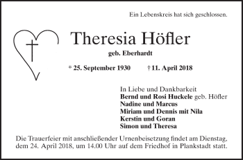 Traueranzeige von Theresia Höfler von Schwetzinger Zeitung