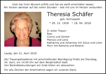 Traueranzeige von Theresia Schäfer von Fränkische Nachrichten