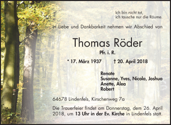 Traueranzeige von Thomas Röder von Bergsträßer Anzeiger