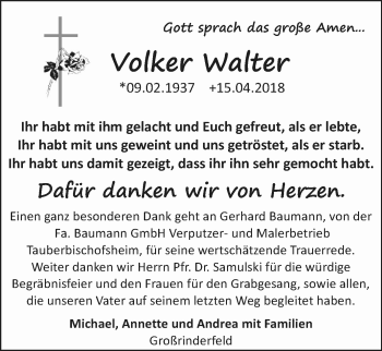 Traueranzeige von Volker Walter von Fränkische Nachrichten