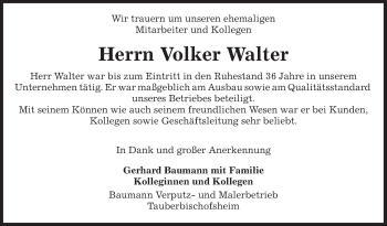 Traueranzeige von Volker Walter von Fränkische Nachrichten