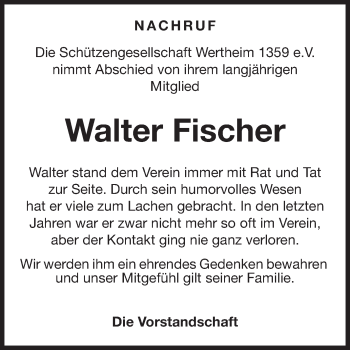 Traueranzeige von Walter Fischer von Fränkische Nachrichten