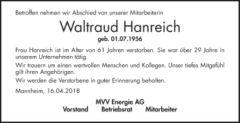 Traueranzeige von Waltraud Hanreich von Mannheimer Morgen