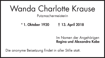 Traueranzeige von Wanda Charlotte Krause von Mannheimer Morgen