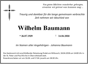 Traueranzeige von Wilhelm Baumann von Fränkische Nachrichten