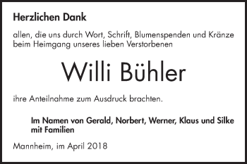 Traueranzeige von Willi Bühler von Mannheimer Morgen