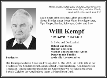 Traueranzeige von Willi Kempf von Fränkische Nachrichten