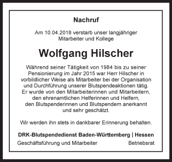 Traueranzeige von Wolfgang Hilscher von Mannheimer Morgen