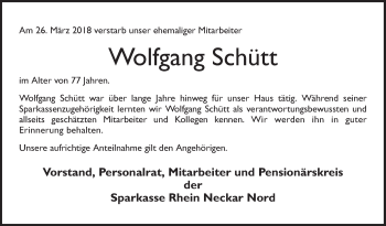 Traueranzeige von Wolfgang Schütt von Bergsträßer Anzeiger