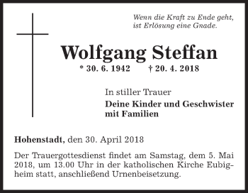 Traueranzeige von Wolfgang Steffan von Fränkische Nachrichten