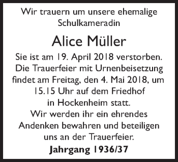 Traueranzeige von Alice Müller von Schwetzinger Zeitung