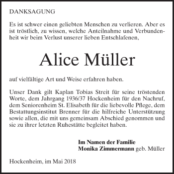 Traueranzeige von Alice Müller von Schwetzinger Zeitung