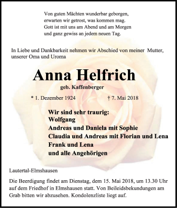 Traueranzeige von Anna Helfrich von Bergsträßer Anzeiger