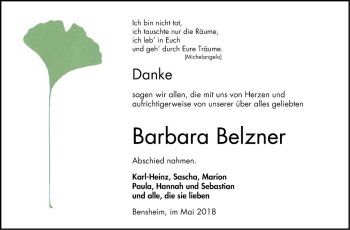 Traueranzeige von Barbara Belzner von Bergsträßer Anzeiger