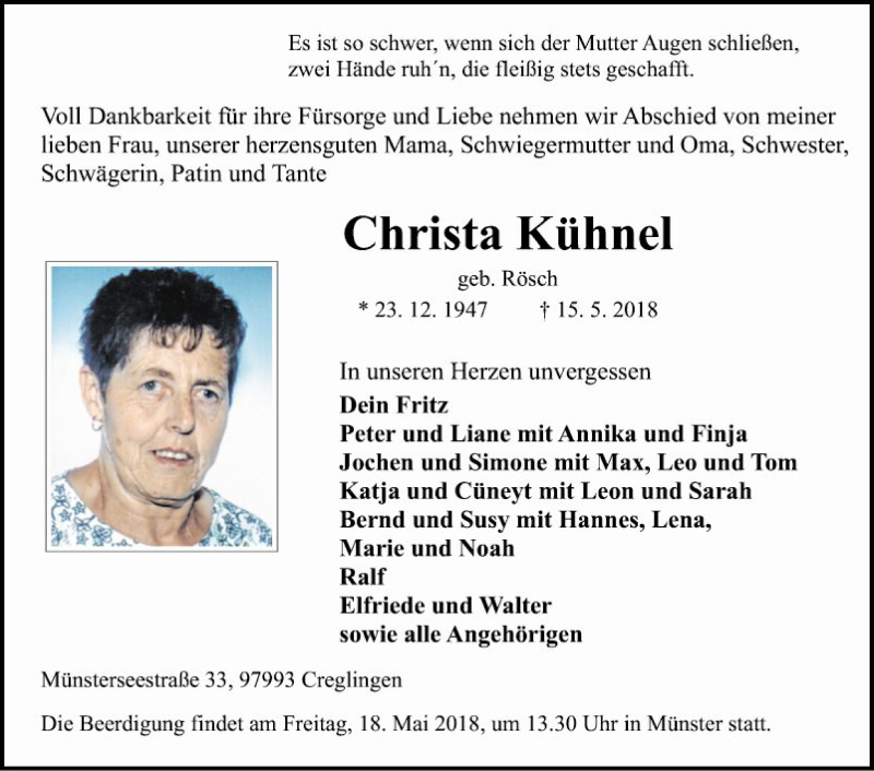  Traueranzeige für Christa Kühnel vom 17.05.2018 aus Fränkische Nachrichten