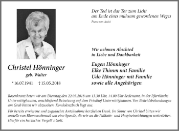 Traueranzeige von Christel Hönninger von Fränkische Nachrichten