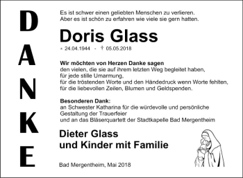 Traueranzeige von Doris Glass von Fränkische Nachrichten