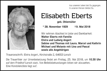 Traueranzeige von Elisabeth Eberts von Bergsträßer Anzeiger