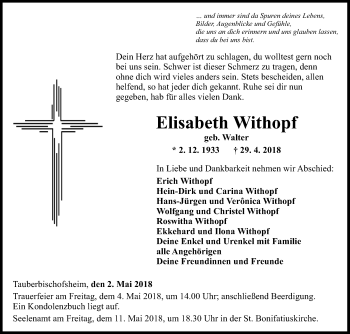 Traueranzeige von Elisabeth Withopf von Fränkische Nachrichten