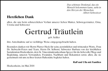 Traueranzeige von Gertrud Träutlein von Schwetzinger Zeitung