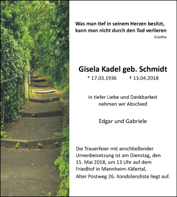 Traueranzeige von Gisela Kadel von Mannheimer Morgen