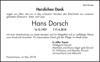 Traueranzeige von Hans Dorsch von Schwetzinger Zeitung