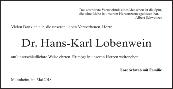 Traueranzeige von Hans-Karl Lobenwein von Mannheimer Morgen