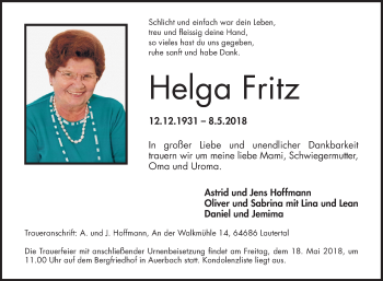 Traueranzeige von Helga Fritz von Bergsträßer Anzeiger