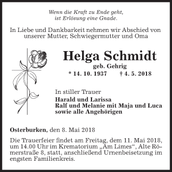 Traueranzeige von Helga Schmidt von Fränkische Nachrichten