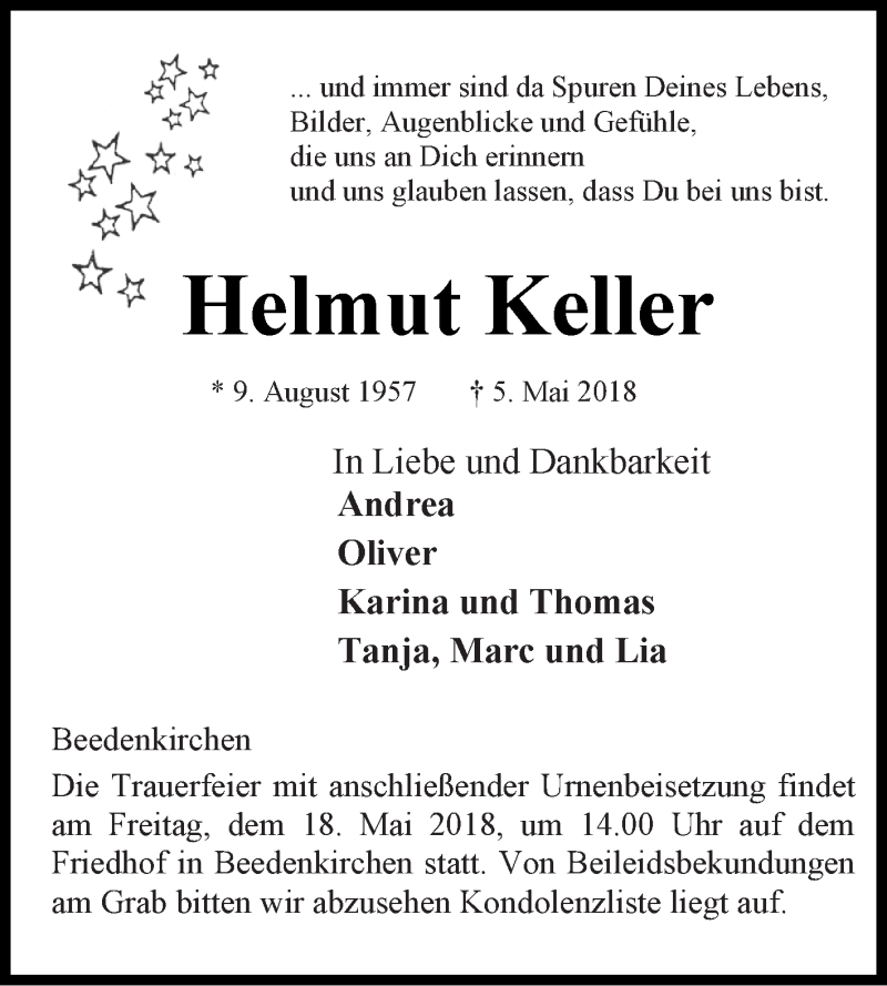  Traueranzeige für Helmut Keller vom 16.05.2018 aus Bergsträßer Anzeiger