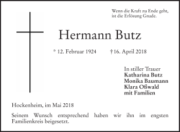 Traueranzeige von Hermann Butz von Schwetzinger Zeitung