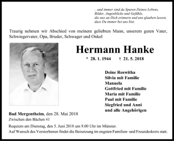 Traueranzeige von Hermann Hanke von Fränkische Nachrichten