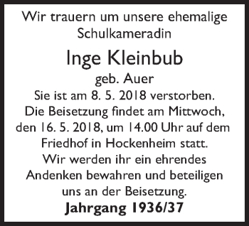 Traueranzeige von Inge Kleinbub von Schwetzinger Zeitung