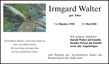 Traueranzeige von Irmgard Walter von Bergsträßer Anzeiger