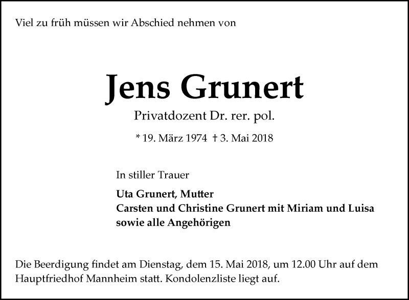 Traueranzeige für Jens Grunert vom 12.05.2018 aus Mannheimer Morgen