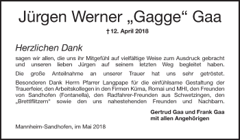 Traueranzeige von Jürgen Werner Gaa von Mannheimer Morgen