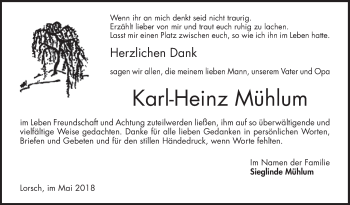 Traueranzeige von Karl-Heinz Mühlum von Bergsträßer Anzeiger