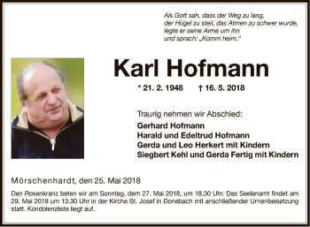 Traueranzeige von Karl Hofmann von Fränkische Nachrichten