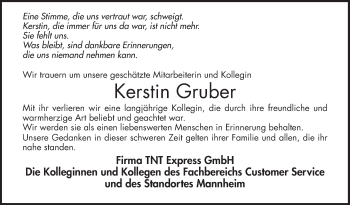 Traueranzeige von Kerstin Gruber von Mannheimer Morgen