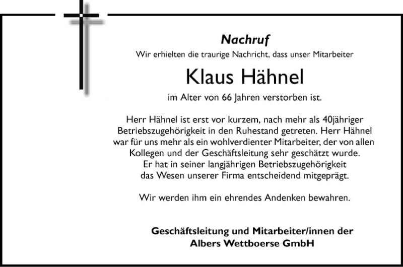  Traueranzeige für Klaus Hähnel vom 19.05.2018 aus Mannheimer Morgen
