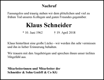 Traueranzeige von Klaus Schneider von Fränkische Nachrichten