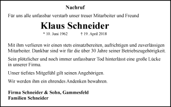 Traueranzeige von Klaus Schneider von Fränkische Nachrichten