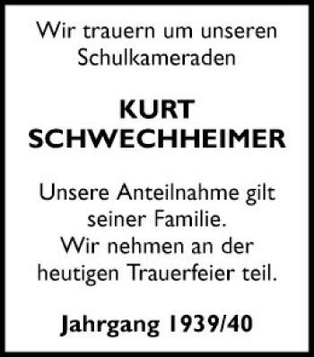 Traueranzeige von Kurt Schwechheimer von Schwetzinger Zeitung