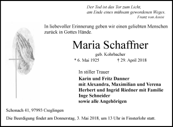 Traueranzeige von Maria Schaffner von Fränkische Nachrichten