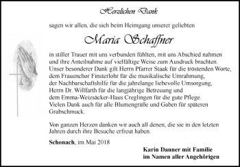 Traueranzeige von Maria Schaffner von Fränkische Nachrichten