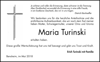 Traueranzeige von Maria Turinski von Bergsträßer Anzeiger