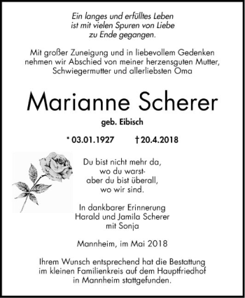 Traueranzeige von Marianne Scherer von Mannheimer Morgen