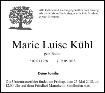 Traueranzeige von Marie Luise Kühl von Mannheimer Morgen