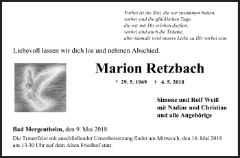 Traueranzeige von Marion Retzbach von Fränkische Nachrichten