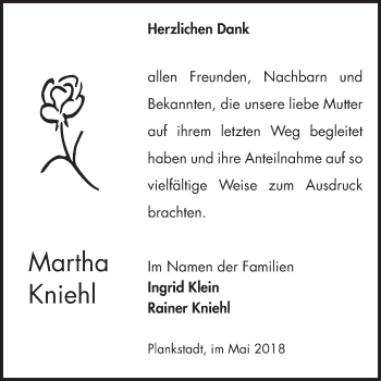 Traueranzeige von Martha Kniehl von Schwetzinger Zeitung